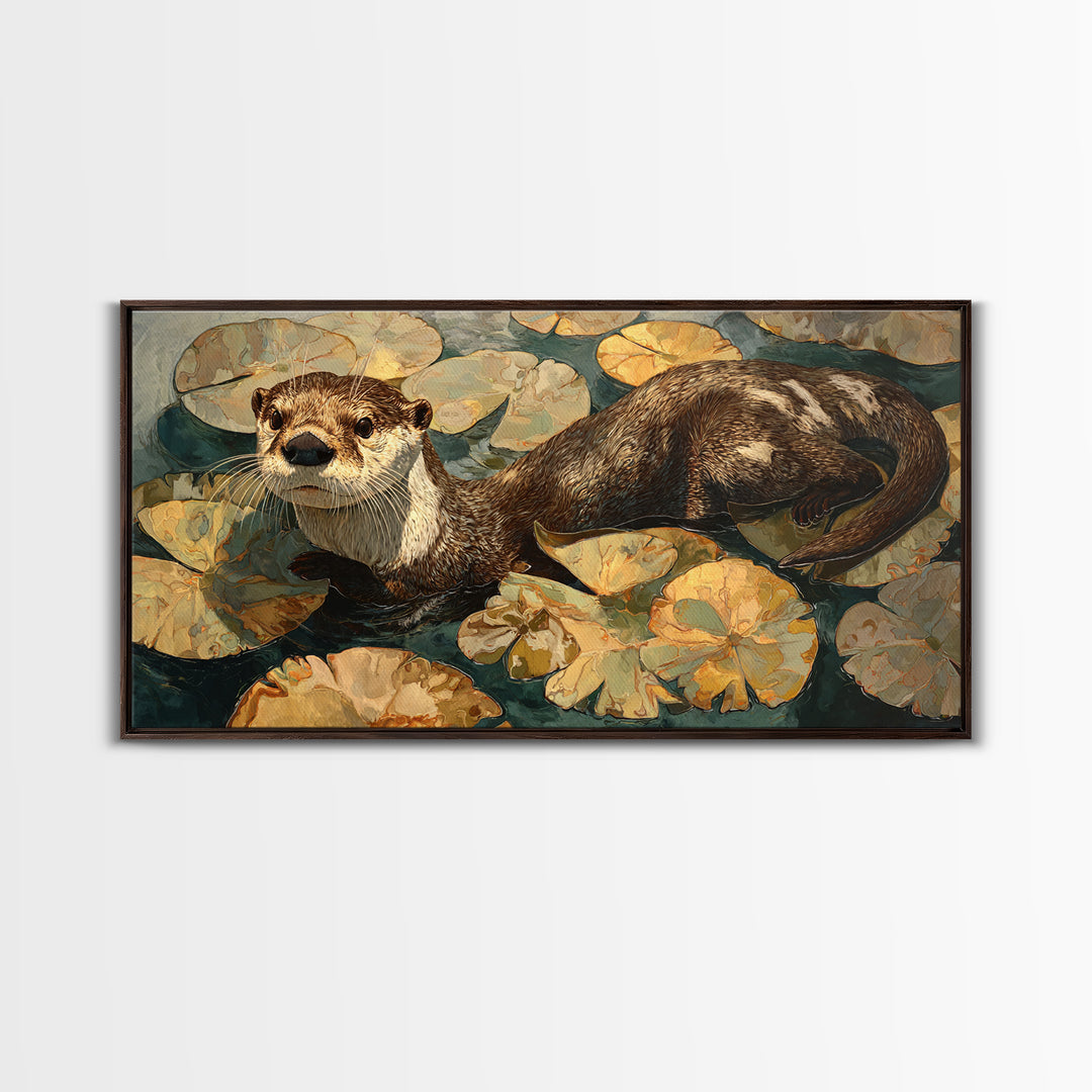Playful Otter Floating Among Lily Pads Framed Canvas Print, Animal Art, Living Room Decor, Fine Art, Creature, Fine Art Print, ANI-2x1-100