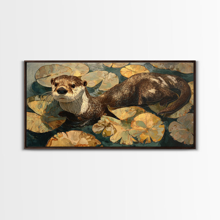 Playful Otter Floating Among Lily Pads Framed Canvas Print, Animal Art, Living Room Decor, Fine Art, Creature, Fine Art Print, ANI-2x1-100