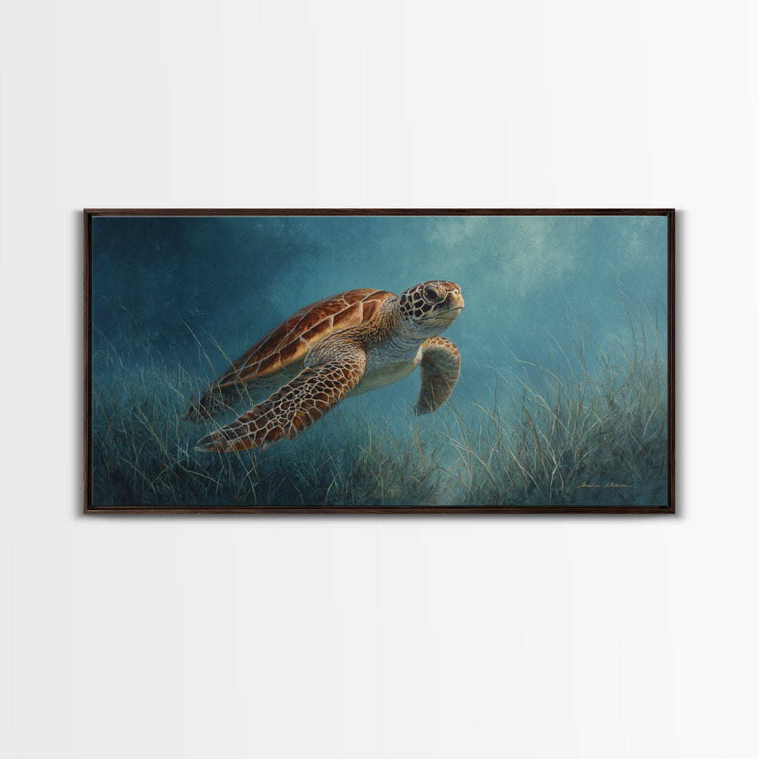 Sea Turtle Drifting Through Luminous Blue Water Canvas Print, Animal Art, Fine Art Print, Living Room Decor, Creature, ANI-2x1-14