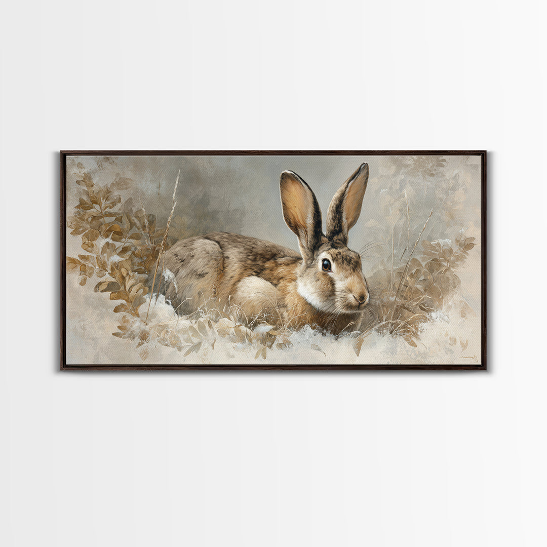 Curious Rabbit in a Soft Watercolor Meadow Framed Canvas Print, Animal Art, Living Room Decor, Oil Painting, Creature, ANI-2x1-25