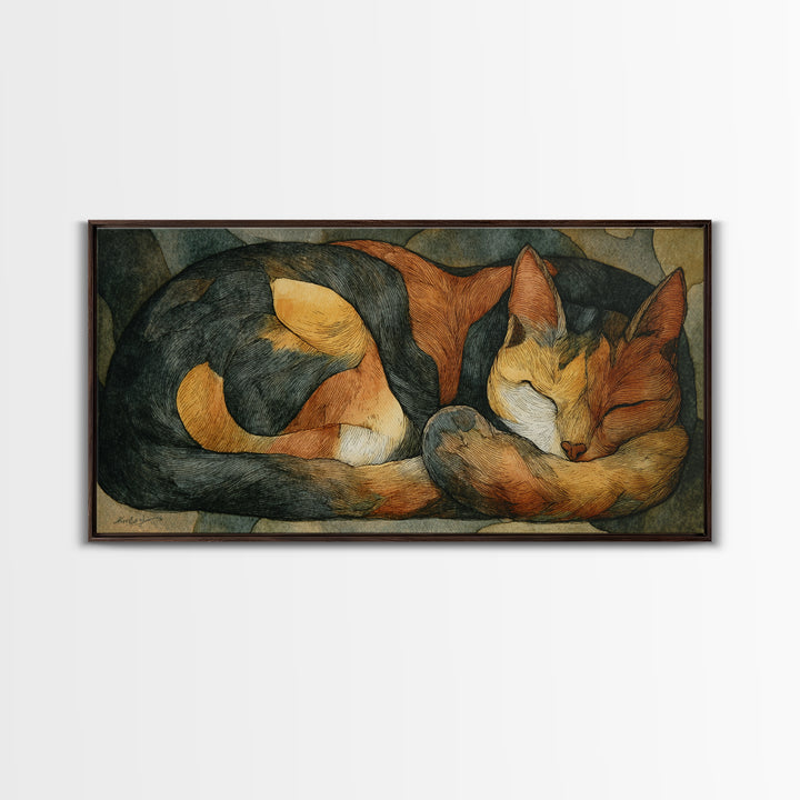 Sleeping Cat Curled Canvas Print, Animal Art, Contemporary Art, Living Room Decor, Oil Painting, Creature, Digital Wall Art, ANI-2x1-32