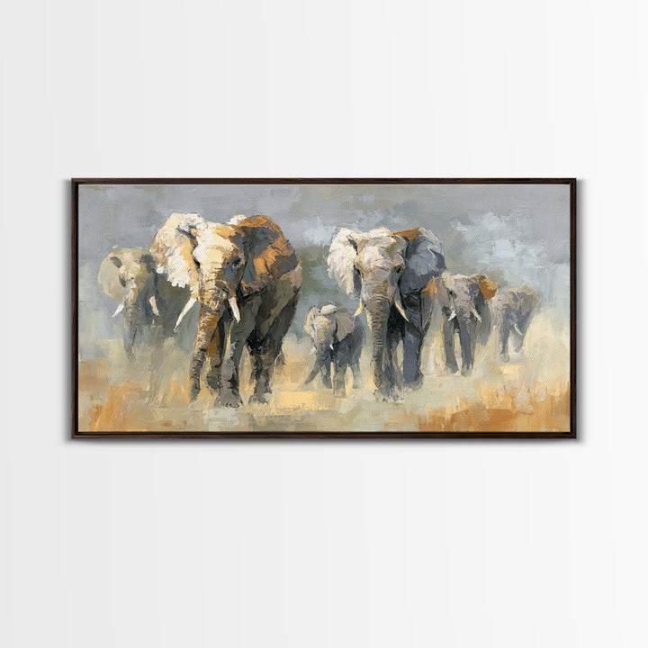 Elephant Family Walking Through Dusty Golden Light Framed Canvas Print, Animal Art, Art Print, Living Room Decor, Creature, ANI-2x1-34