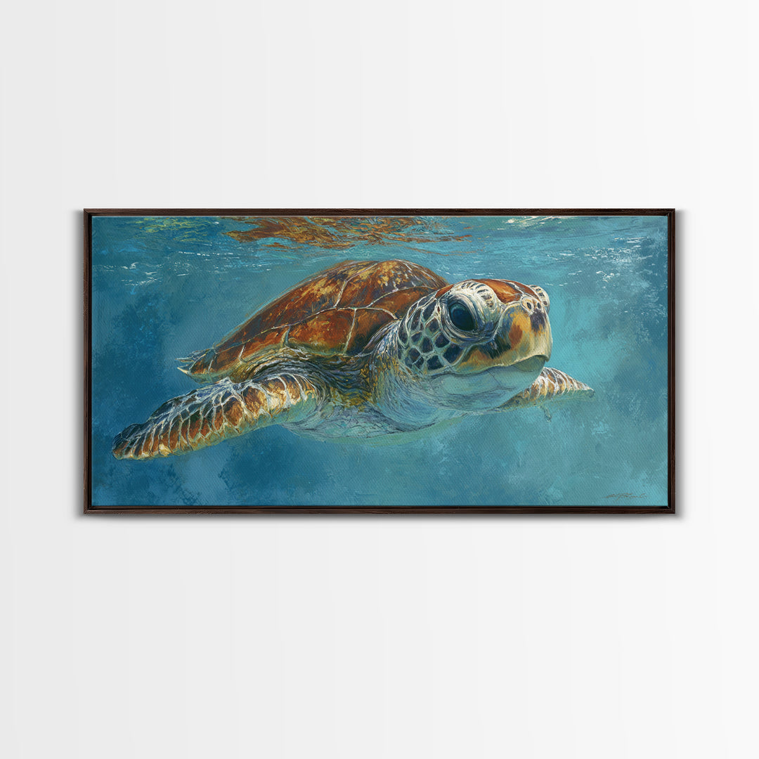 Sea Turtle Drifting Through Luminous Blue Water Canvas Print, Animal Art, Fine Art Print, Living Room Decor, Creature, ANI-2x1-38