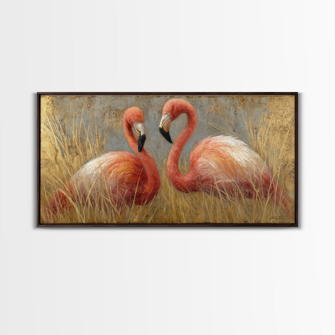 Flamingo Pair in Elegant Coral and Cream Canvas Print, Animal Art, Decor, Living Room Decor, Oil Painting, Creature, ANI-2x1-39