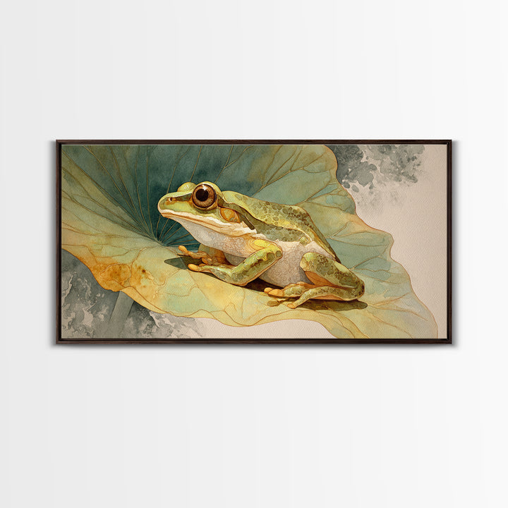 Frog on a Lotus Leaf Framed Canvas Print, Animal Art, Home Decor, Living Room Decor, Fine Art, Creature, Art Deco, Original Art, ANI-2x1-40