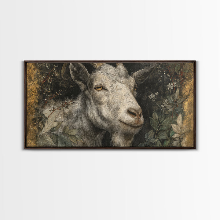 Goat Portrait with Rustic Folk Art Personality Canvas Print, Animal Art, Contemporary Art, Living Room Decor, Creature, ANI-2x1-41