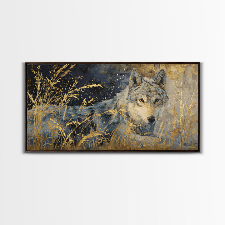 Wolf Silhouette Beneath a Star Filled Sky Framed Canvas Print, Animal Art, Statement Artwork, Living Room Decor, Creature, ANI-2x1-42