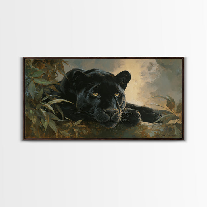 Dramatic Black Panther Emerging from Deep Jungle Canvas Print, Animal Art, Minimalist Decor, Living Room Decor, Creature, ANI-2x1-50