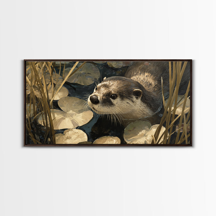 Playful Otter Floating Among Lily Pads Canvas Print, Animal Art, Decor, Living Room Decor, Fine Art, Creature, Digital Print, ANI-2x1-52