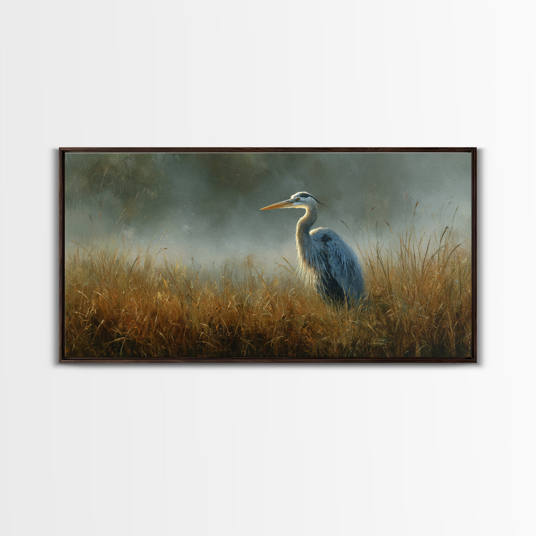 Blue Heron Standing Framed Canvas Print, Animal Art, Art Deco, Living Room Decor, Creature, Cat Art, Safari Nursery Decor, ANI-2x1-55