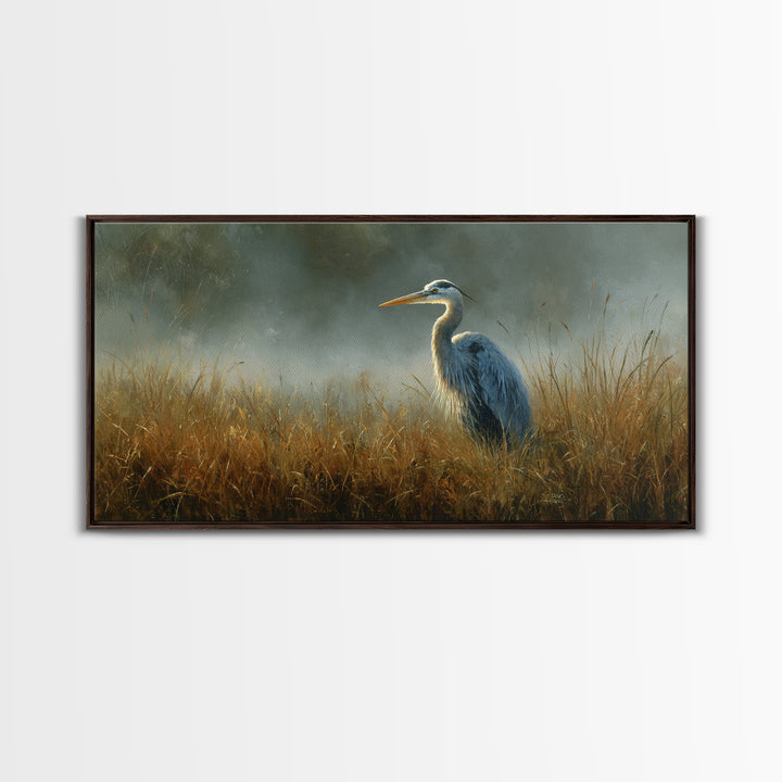 Blue Heron Standing Framed Canvas Print, Animal Art, Art Deco, Living Room Decor, Creature, Cat Art, Safari Nursery Decor, ANI-2x1-55
