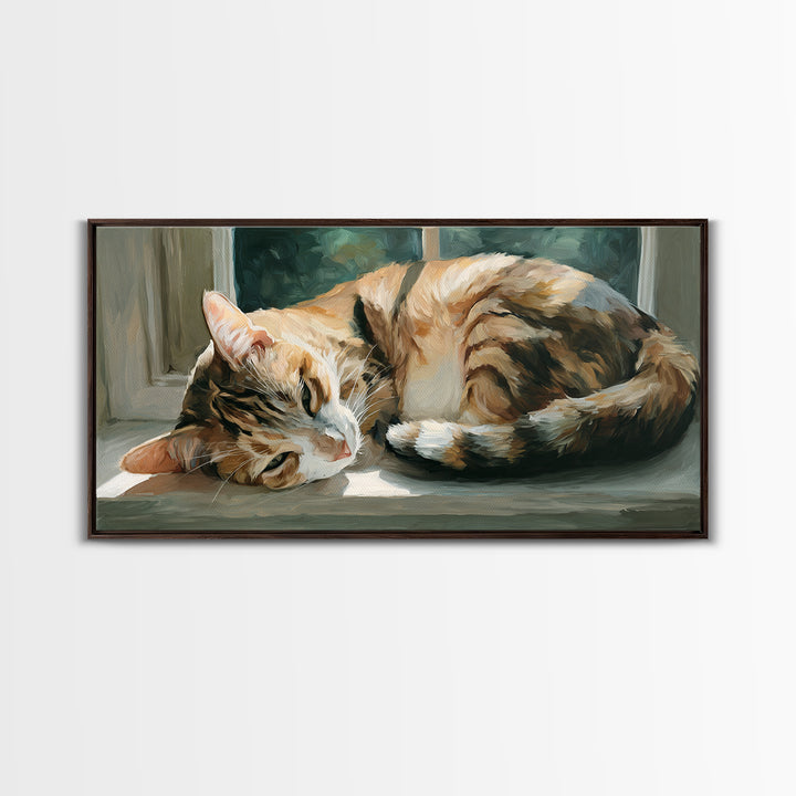 Sleeping Cat Curled Framed Canvas Print, Animal Art, Digital Prints, Living Room Decor, Fine Art, Creature, Printable Art, ANI-2x1-56