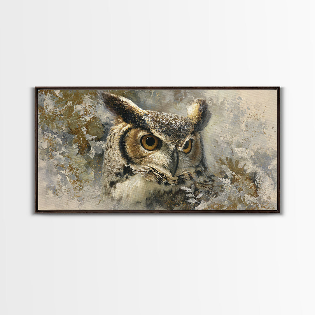Owl with Moonlit Feathers and Celestial Accents Framed Canvas Print, Animal Art, Nursery, Living Room Decor, Watercolor Art, ANI-2x1-59