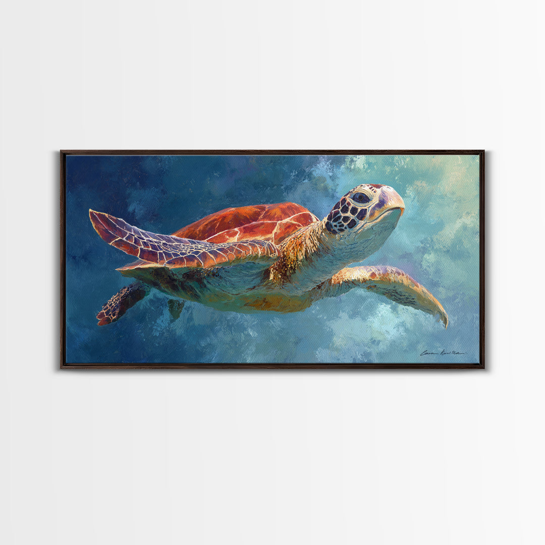 Sea Turtle Drifting Through Luminous Blue Water Canvas Print, Animal Art, Room Decor, Living Room Decor, Oil Painting, Creature, ANI-2x1-62