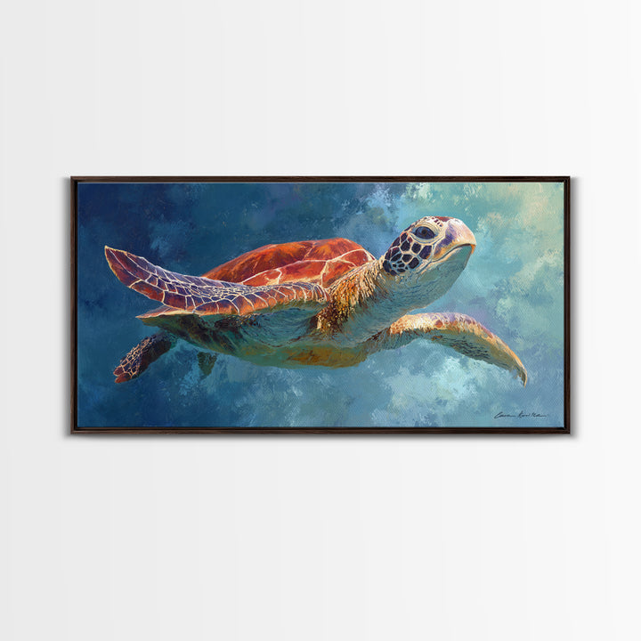 Sea Turtle Drifting Through Luminous Blue Water Canvas Print, Animal Art, Room Decor, Living Room Decor, Oil Painting, Creature, ANI-2x1-62