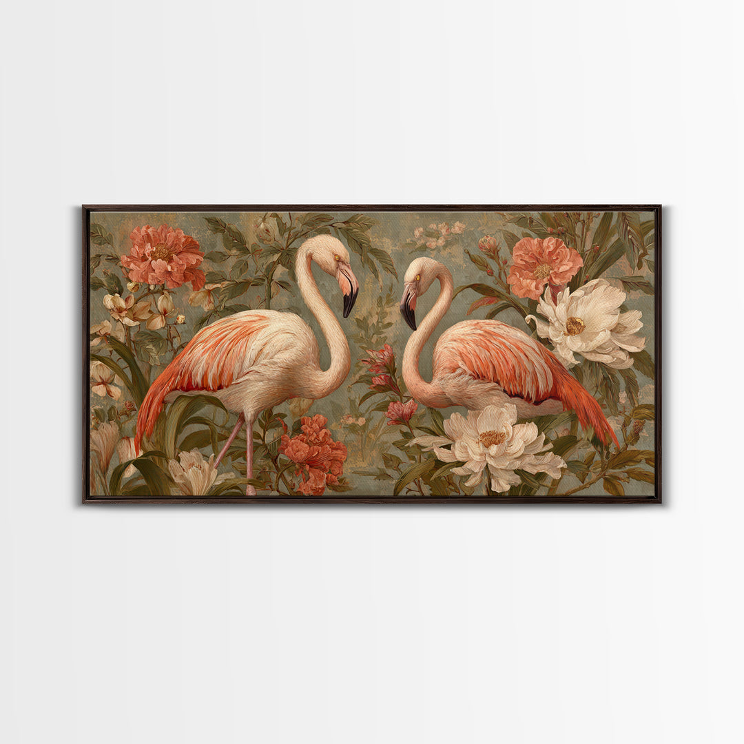 Flamingo Pair in Elegant Coral and Cream Canvas Print, Animal Art, Nursery Wall Art, Living Room Decor, Fine Art, Creature, ANI-2x1-63
