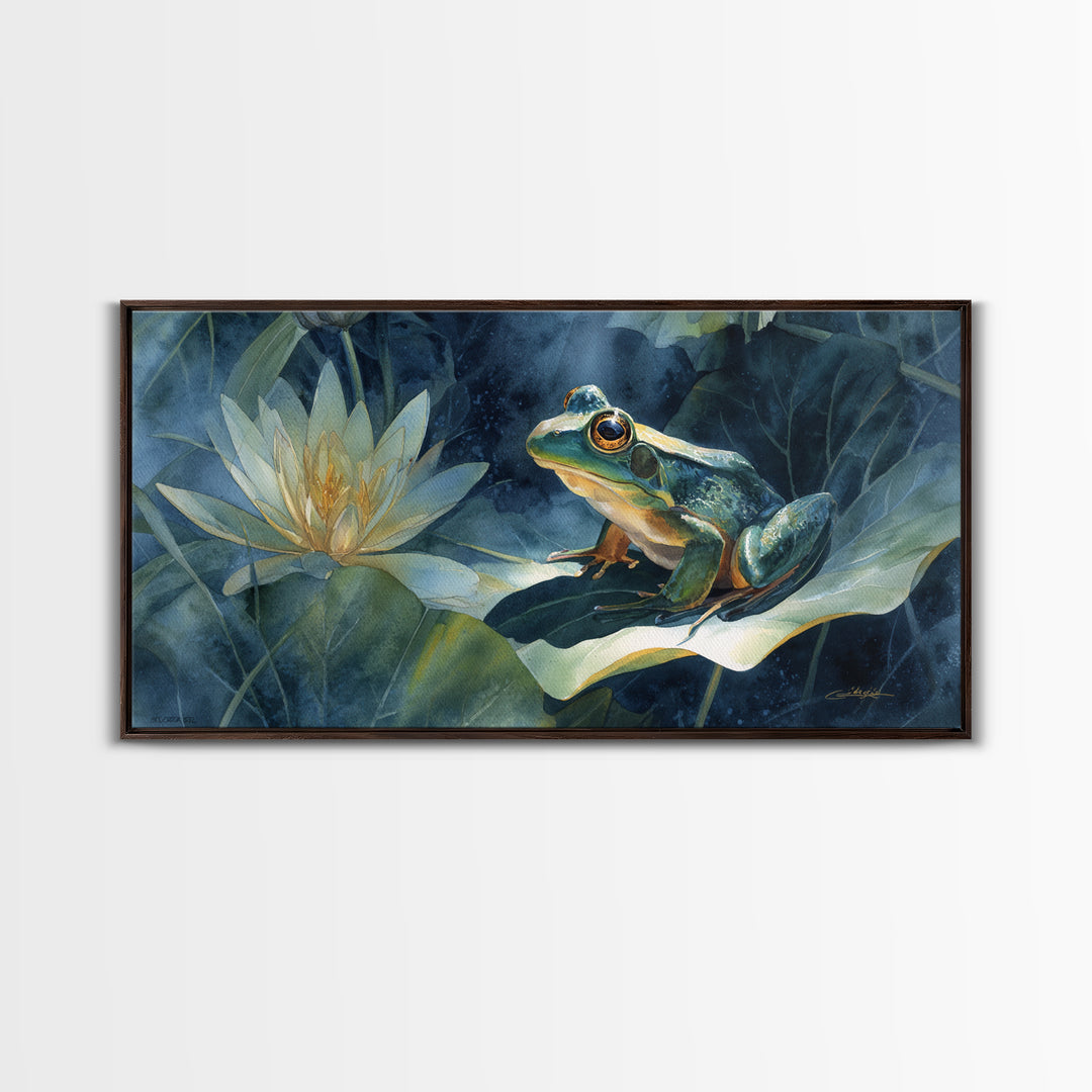 Frog on a Lotus Leaf Canvas Print, Animal Art, Digital Art, Living Room Decor, Oil Painting, Creature, Farmhouse Decor, ANI-2x1-64