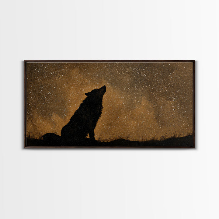 Wolf Silhouette Beneath a Star Filled Sky Canvas Print, Animal Art, Living Room Decor, Watercolor Art, Creature, ANI-2x1-66