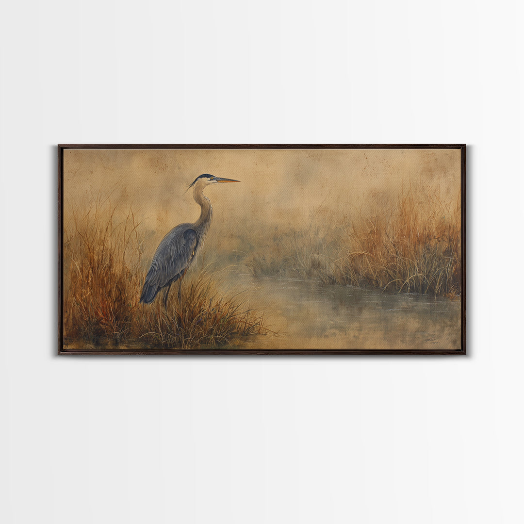 Blue Heron Standing Framed Canvas Print, Animal Art, Art, Living Room Decor, Fine Art, Creature, Original Art, Nursery Wall Art, ANI-2x1-7
