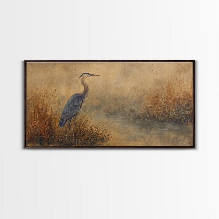 Blue Heron Standing Framed Canvas Print, Animal Art, Art, Living Room Decor, Fine Art, Creature, Original Art, Nursery Wall Art, ANI-2x1-7