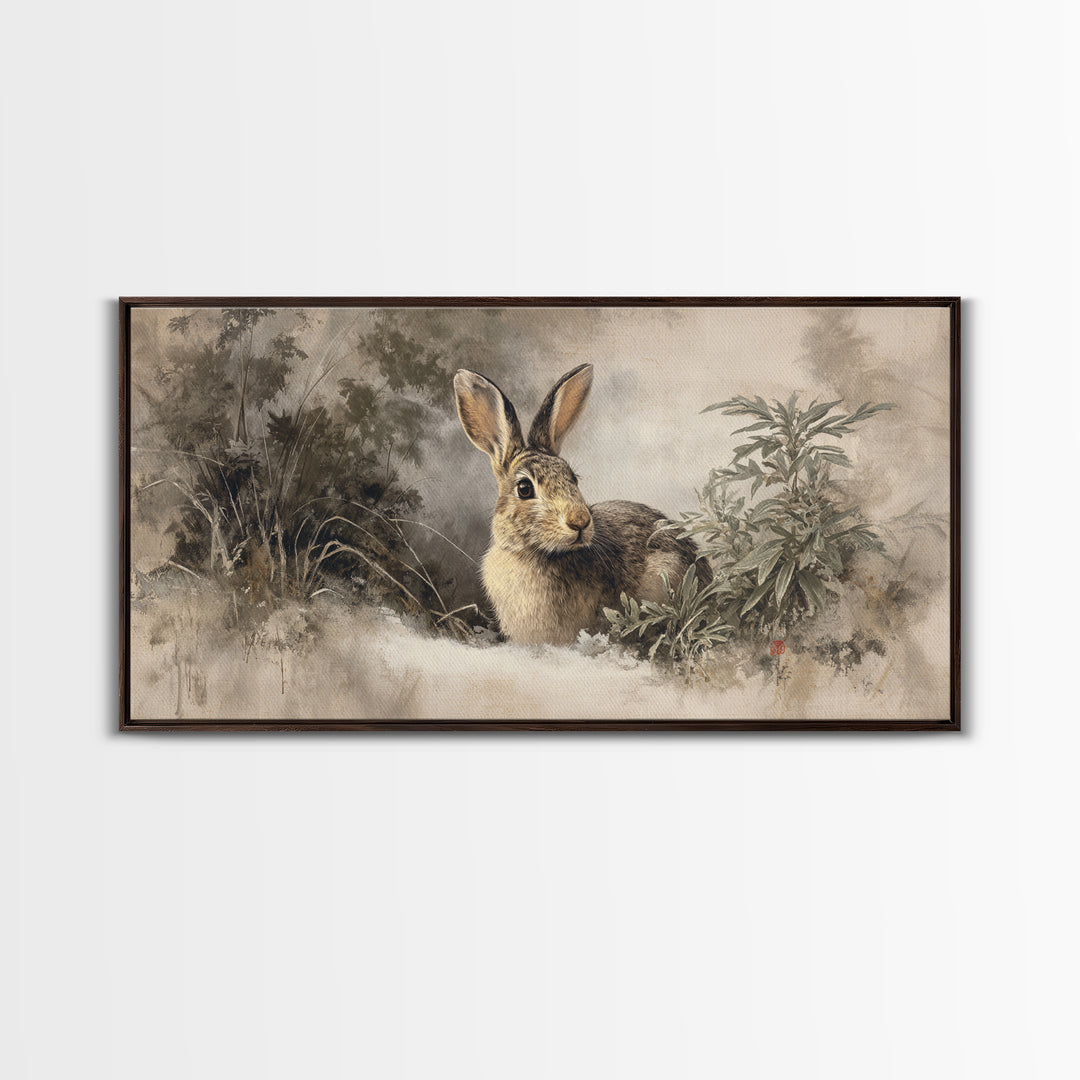 Curious Rabbit in a Soft Watercolor Meadow Canvas Print, Animal Art, Digital Art, Living Room Decor, Fine Art, Creature, ANI-2x1-73