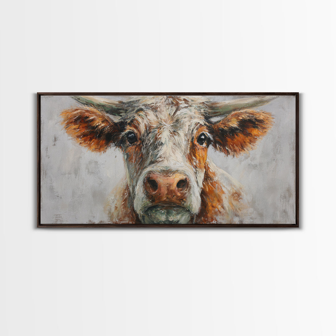 Gentle Cow Portrait Framed Canvas Print, Animal Art, Boho Decor, Living Room Decor, Oil Painting, Creature, Digital Prints, ANI-2x1-75
