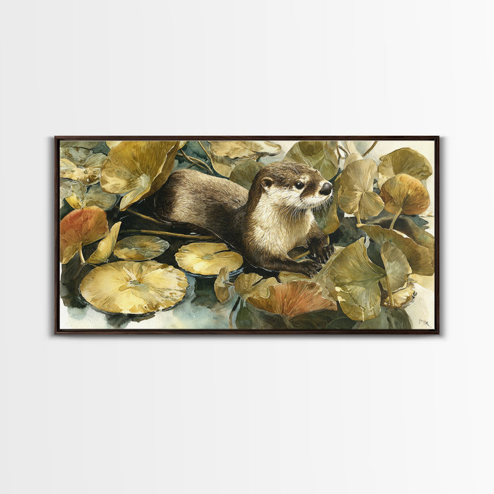 Playful Otter Floating Among Lily Pads Canvas Print, Animal Art, Nursery Wall Art, Living Room Decor, Fine Art, Creature, ANI-2x1-76