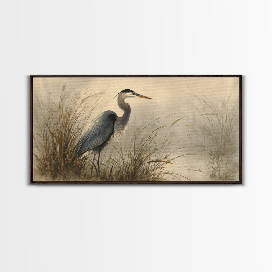 Blue Heron Standing Framed Canvas Print, Animal Art, Nursery Art, Living Room Decor, Fine Art, Creature, Luxury Decor, ANI-2x1-79