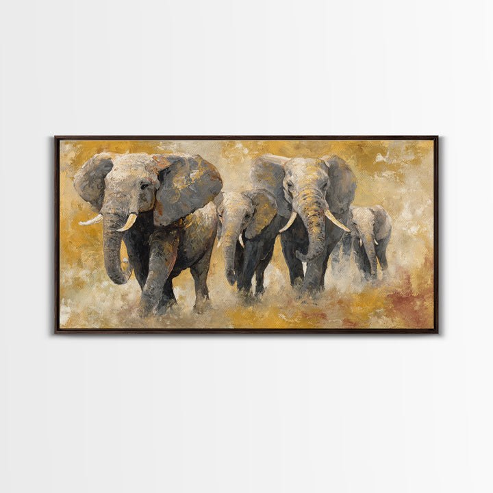 Elephant Family Walking Through Dusty Golden Light Canvas Print, Animal Art, Wall Art, Living Room Decor, Fine Art, Creature, ANI-2x1-82