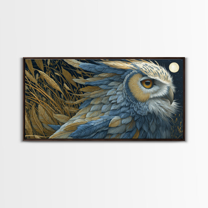 Owl with Moonlit Feathers and Celestial Accents Framed Canvas Print, Animal Art, Contemporary Art, Living Room Decor, Creature, ANI-2x1-83