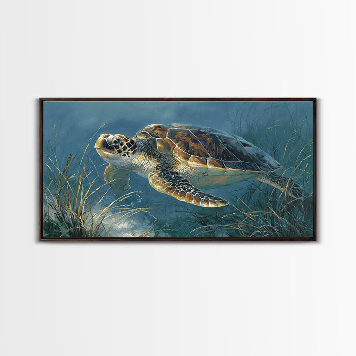 Sea Turtle Drifting Through Luminous Blue Water Framed Canvas Print, Animal Art, Home Decor, Living Room Decor, Creature, ANI-2x1-86