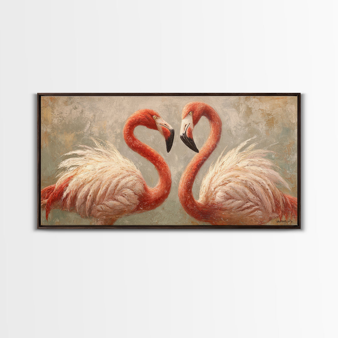 Flamingo Pair in Elegant Coral and Cream Framed Canvas Print, Animal Art, Living Room Decor, Fine Art, Creature, Fine Art Print, ANI-2x1-87