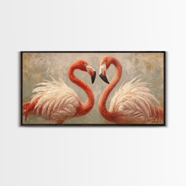 Flamingo Pair in Elegant Coral and Cream Framed Canvas Print, Animal Art, Living Room Decor, Fine Art, Creature, Fine Art Print, ANI-2x1-87