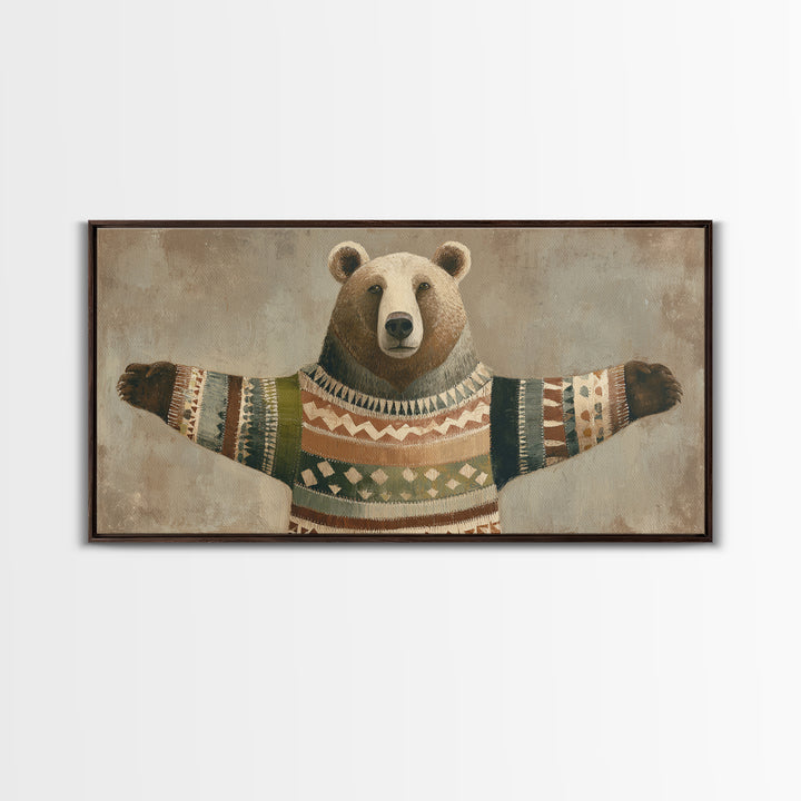 Whimsical Bear in a Patterned Sweater with Canvas Print, Animal Art, Wall Decor, Living Room Decor, Fine Art, Creature, ANI-2x1-94