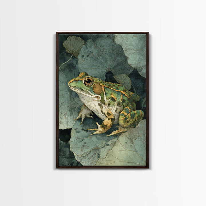 Frog on a Lotus Leaf Framed Canvas Print, Animal Art, Art Print, Living Room Decor, Watercolor Art, Creature, Digital Art, ANI-2x3-100