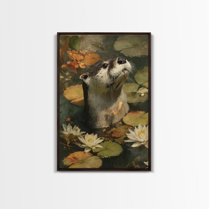 Playful Otter Floating Among Lily Pads Canvas Print, Animal Art, Boho Wall Art, Living Room Decor, Fine Art, Creature, ANI-2x3-16