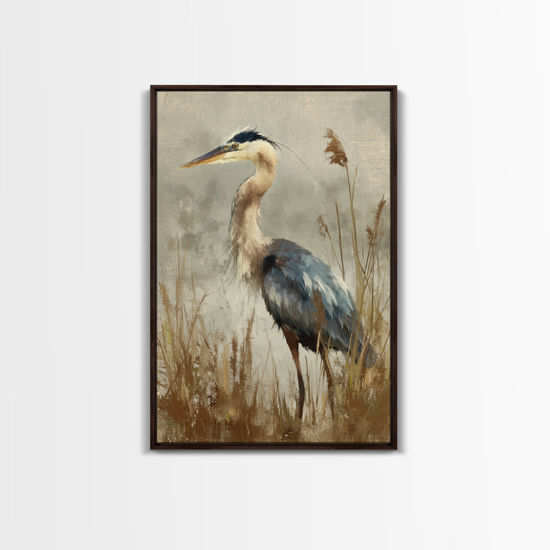 Blue Heron Standing Framed Canvas Print, Animal Art, Neutral Decor, Living Room Decor, Fine Art, Creature, Wall Art, Home Decor, ANI-2x3-19