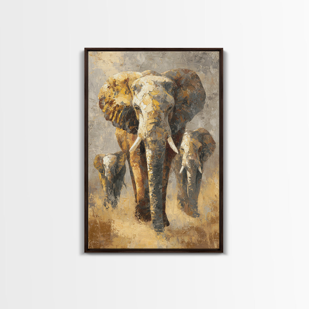 Elephant Family Walking Through Dusty Golden Light Canvas Print, Animal Art, Textured Painting, Living Room Decor, Creature, ANI-2x3-22