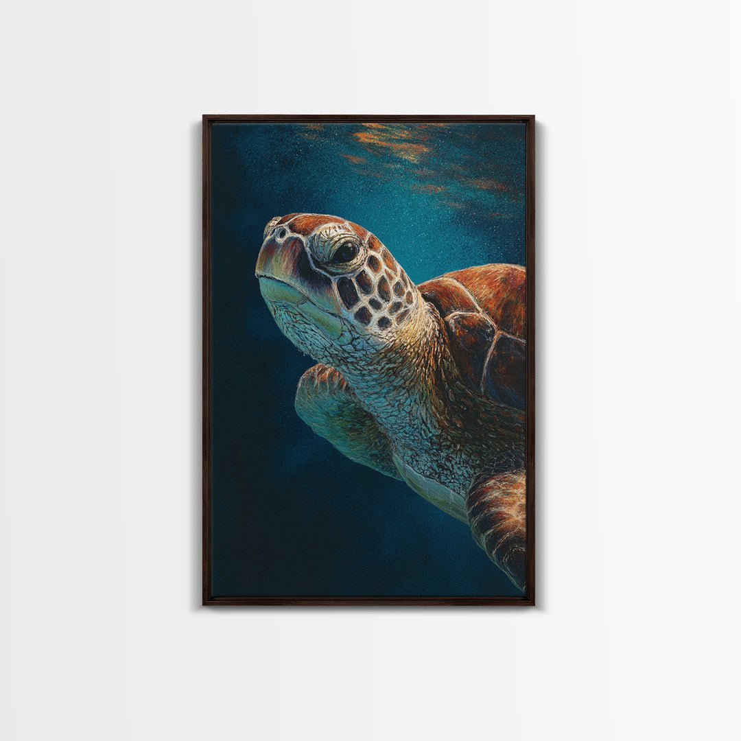 Sea Turtle Drifting Through Luminous Blue Water Framed Canvas Print, Animal Art, Boho Decor, Living Room Decor, Abstract Art, ANI-2x3-26