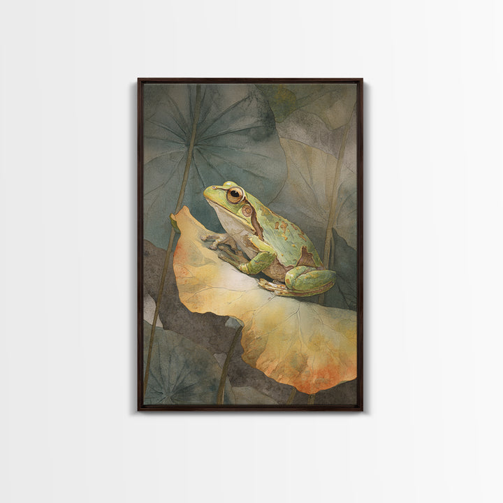Frog on a Lotus Leaf Framed Canvas Print, Animal Art, Art Deco, Living Room Decor, Oil Painting, Creature, Cat Art, ANI-2x3-28