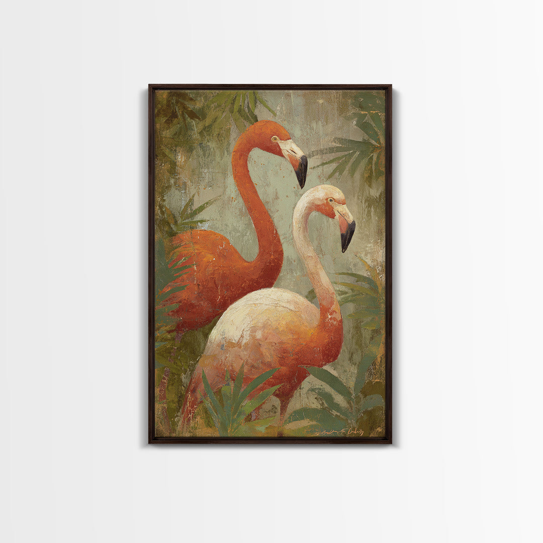 Flamingo Pair in Elegant Coral and Cream Framed Canvas Print, Animal Art, Trendy Wall Art, Living Room Decor, Creature, ANI-2x3-3