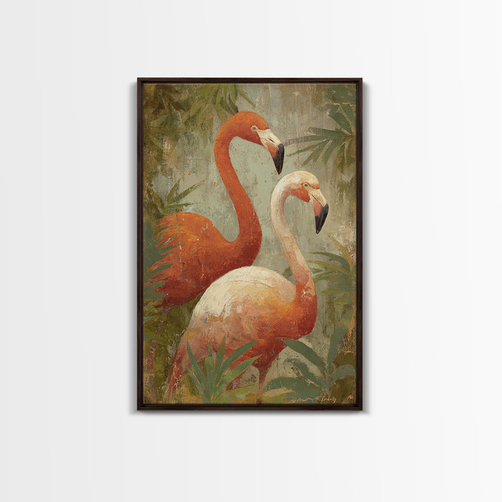 Flamingo Pair in Elegant Coral and Cream Framed Canvas Print, Animal Art, Trendy Wall Art, Living Room Decor, Creature, ANI-2x3-3