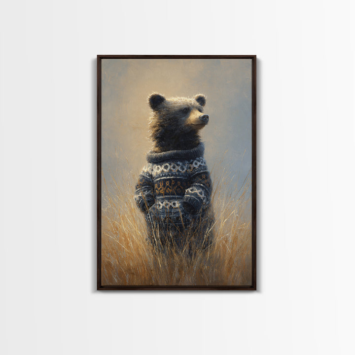 Whimsical Bear in a Patterned Sweater with Framed Canvas Print, Animal Art, Contemporary Art, Living Room Decor, Creature, ANI-2x3-34