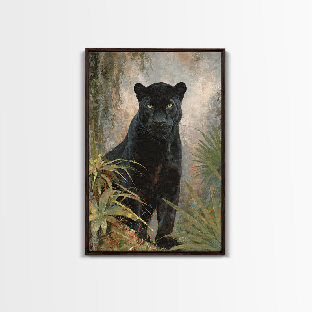 Dramatic Black Panther Emerging from Deep Jungle Framed Canvas Print, Animal Art, Wall Art, Living Room Decor, Creature, ANI-2x3-38