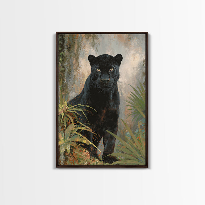 Dramatic Black Panther Emerging from Deep Jungle Framed Canvas Print, Animal Art, Wall Art, Living Room Decor, Creature, ANI-2x3-38