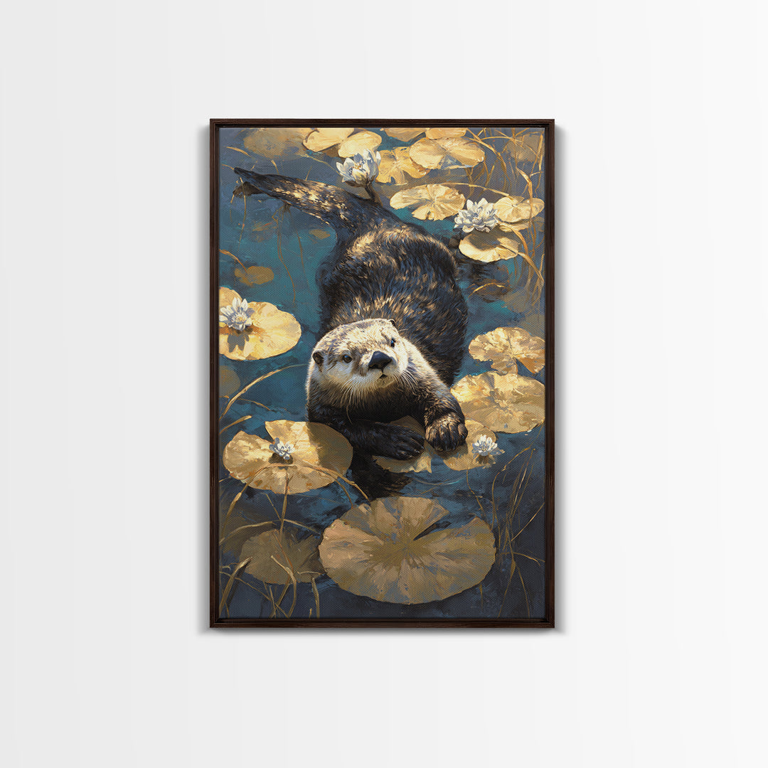 Playful Otter Floating Among Lily Pads Canvas Print, Animal Art, Fine Art Print, Living Room Decor, Fine Art, Creature, ANI-2x3-40