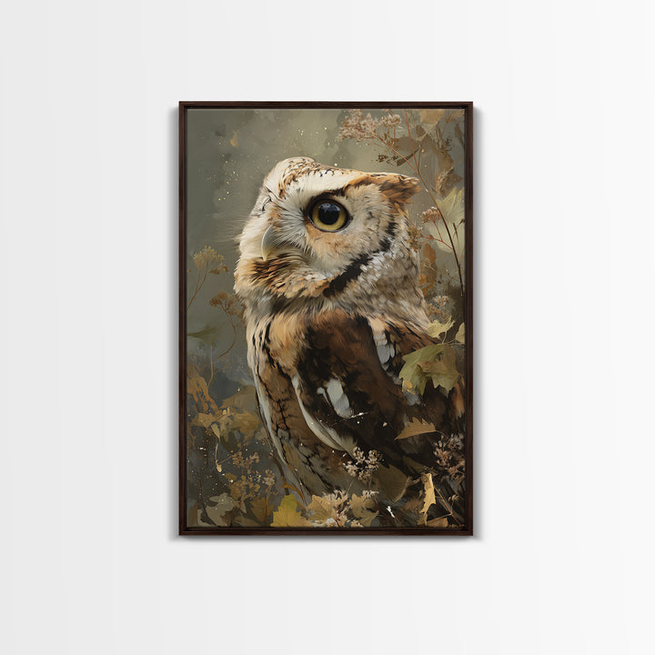 Owl with Moonlit Feathers and Celestial Accents Framed Canvas Print, Animal Art, Wall Art, Living Room Decor, Abstract Art, ANI-2x3-47