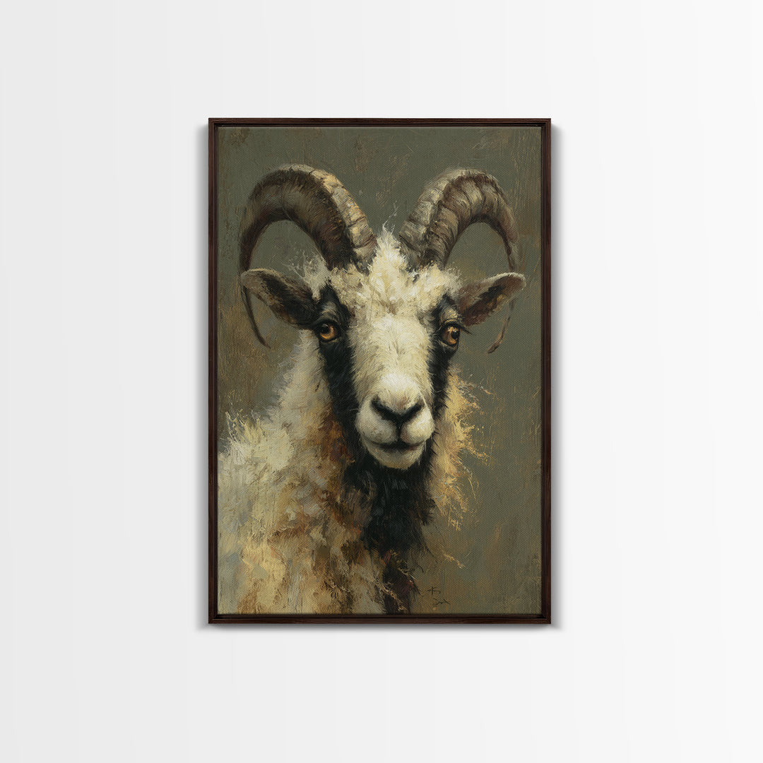 Goat Portrait with Rustic Folk Art Personality Framed Canvas Print, Animal Art, Digital Art, Living Room Decor, Oil Painting, ANI-2x3-53