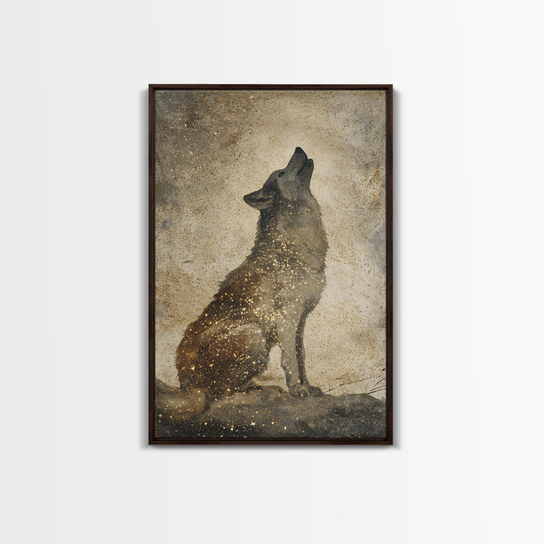 Wolf Silhouette Beneath a Star Filled Sky Canvas Print, Animal Art, Minimalist Decor, Living Room Decor, Fine Art, Creature, ANI-2x3-54
