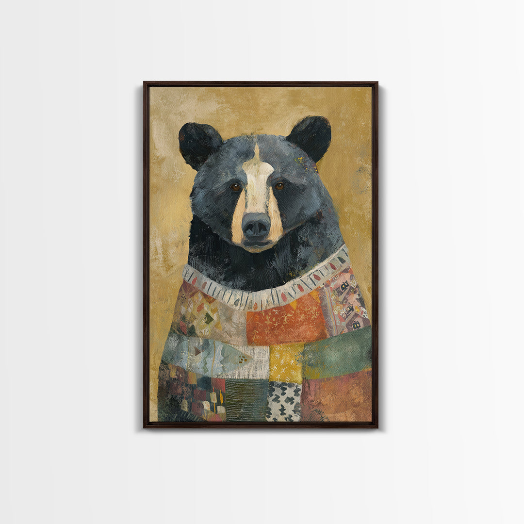 Whimsical Bear in a Patterned Sweater with Canvas Print, Animal Art, Digital Prints, Living Room Decor, Fine Art, Creature, ANI-2x3-58